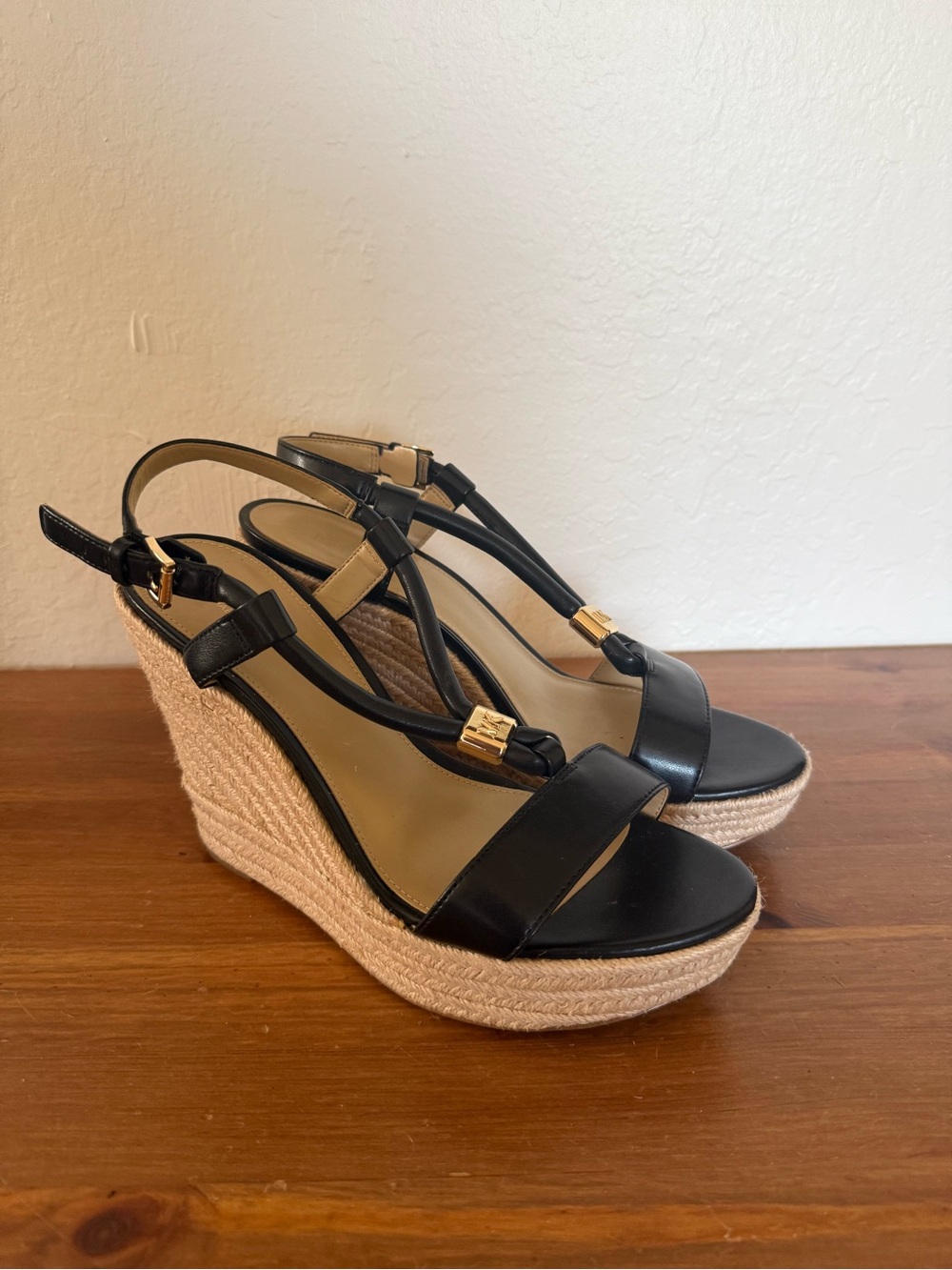 Michael Kors Black Leather T-Strap Espadrille Wedges